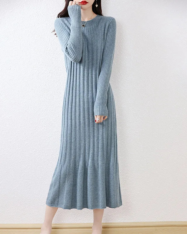 Round-Neck Long Sleeves Wool Dress
