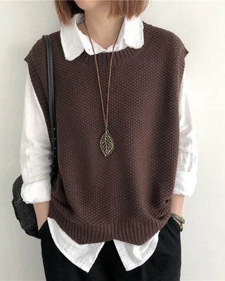 Loose-Knit Cotton Crew-Neck Vest