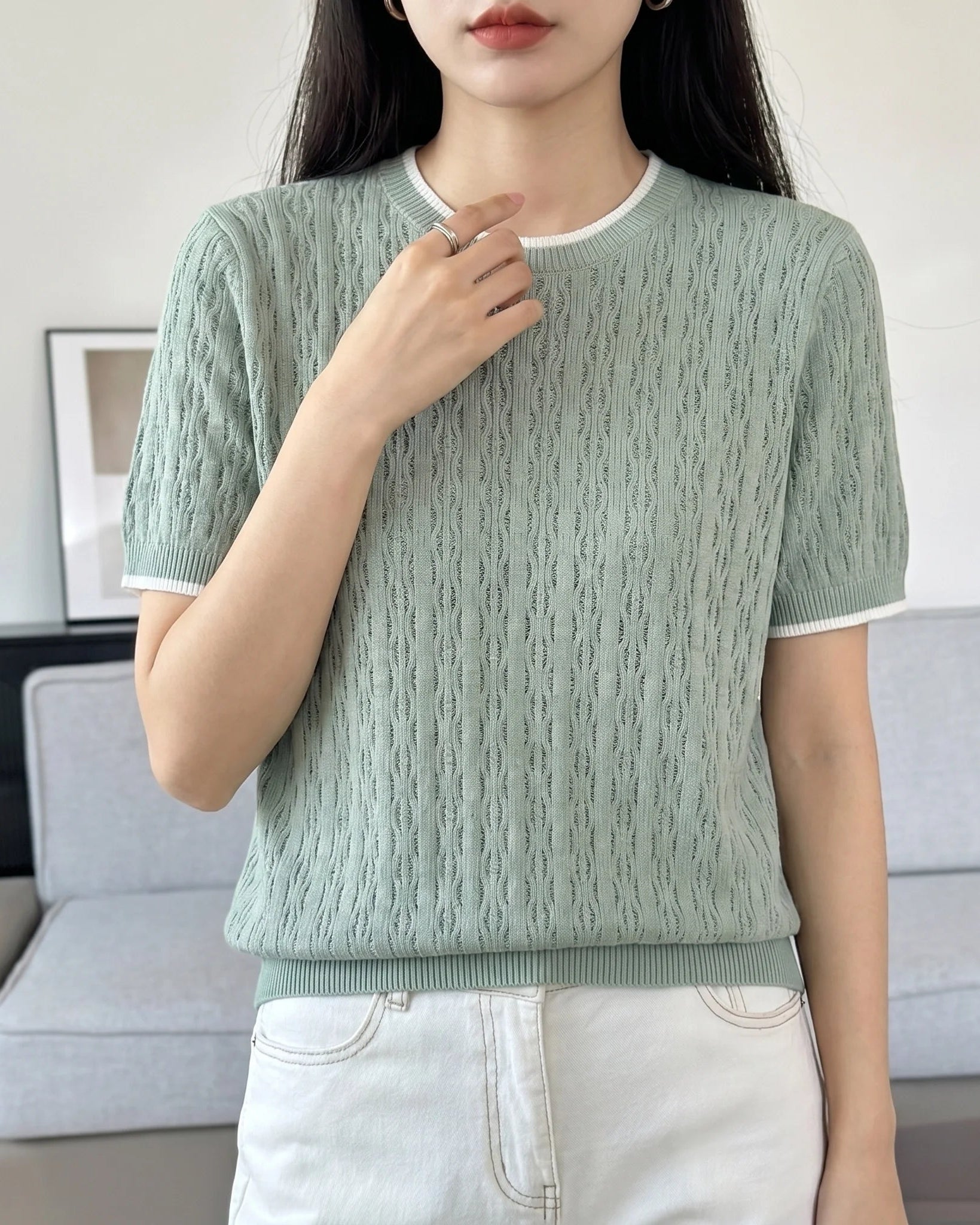 Hollow Knit Cotton Short Sleeve Top