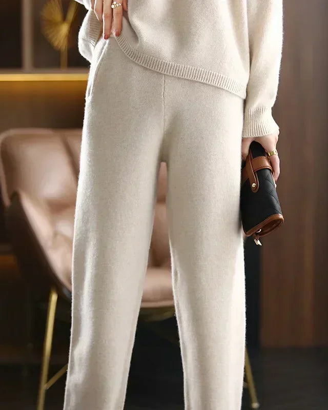 Wool Cashmere Lapel Sweater & High-Waist Pencil Trousers Set
