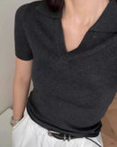 Women's dark grey knitted V-neck short-sleeved T-shirt, featuring lightweight ice-silk blend and a turn-down polo collar for polished elegance from desk to dinner.