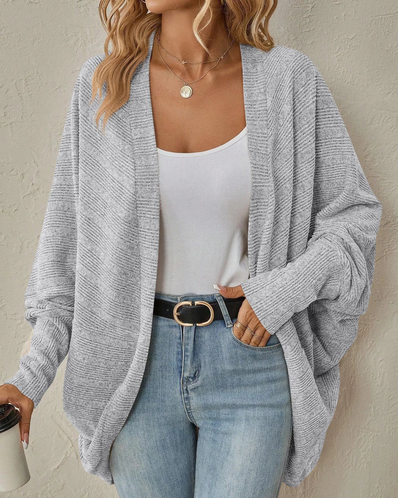 Solid bat sleeve open-front loose mid-length knit cardigan. Soft, slight stretch, and relaxed — a casual everyday autumn winter sweater for women.