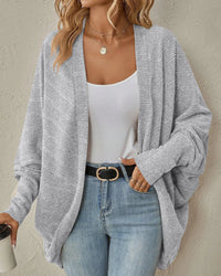 Solid bat sleeve open-front loose mid-length knit cardigan. Soft, slight stretch, and relaxed — a casual everyday autumn winter sweater for women.