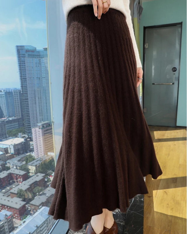 Wool Knit High Waist Pleated Midi Skirt