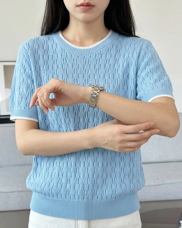 Hollow Knit Cotton Short Sleeve Top