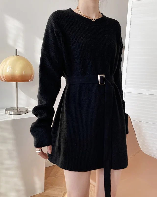 Vintage Round-neck Belted Knitted Dress