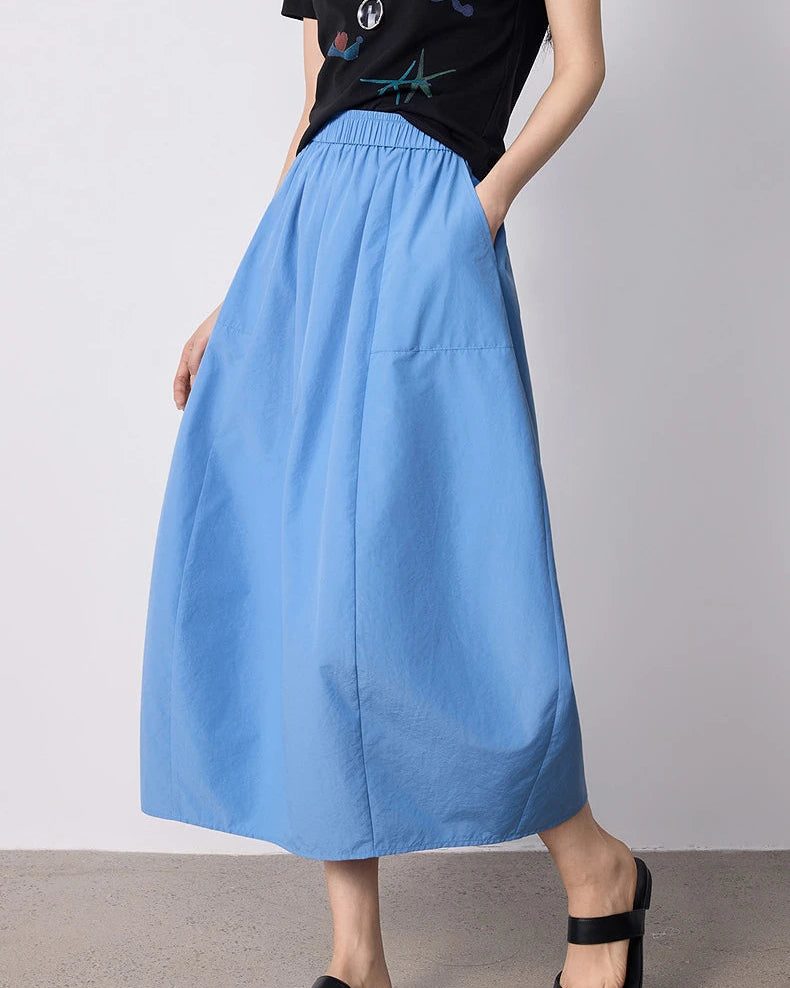 High-Waist Cocoon A-Line Midi Skirt