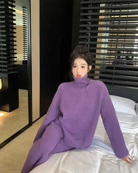 Turtleneck Knit Sweater & Wide-Leg Pants Two-Piece Set