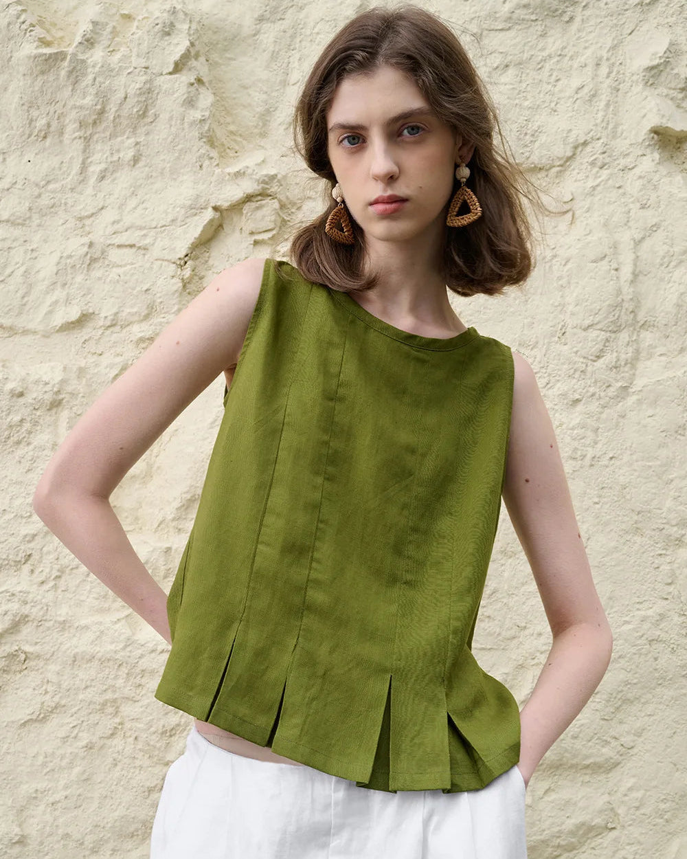 Linen Sleeveless Pleated Fashion Vest