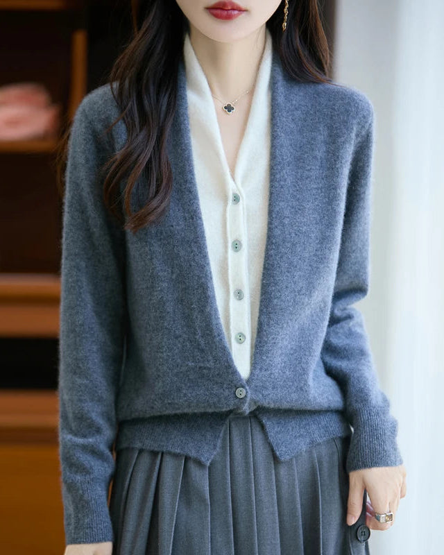 Merino Wool Solid V-Neck Fake Two-Piece Pullover Sweater