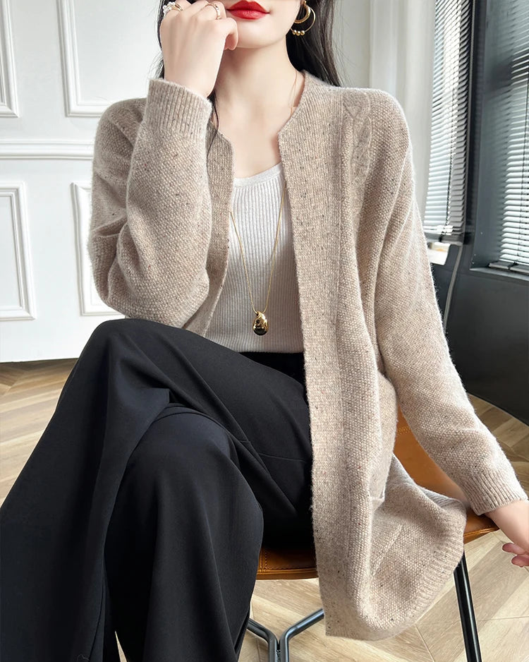 Merino Wool Dot Long Open-Front Cardigan