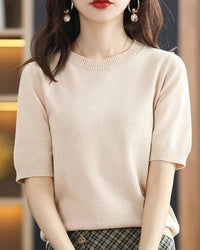 Women's knitted crew-neck short-sleeve t-shirt made from breathable soft cotton, featuring a relaxed silhouette for effortless casual wear in spring and summer.
