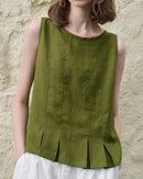 Pleated Linen Blend Sleeveless Tank Top