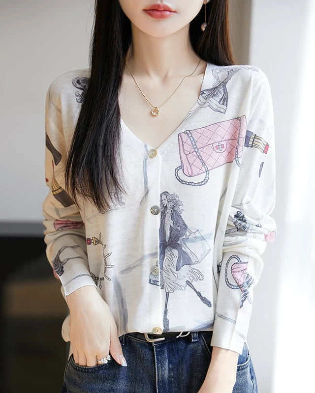 Lyocell Printed V Neck Cardigan
