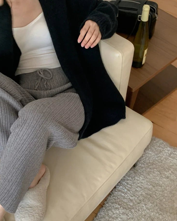 Drawstring Ribbed Knitted Wide Leg Sweatpants