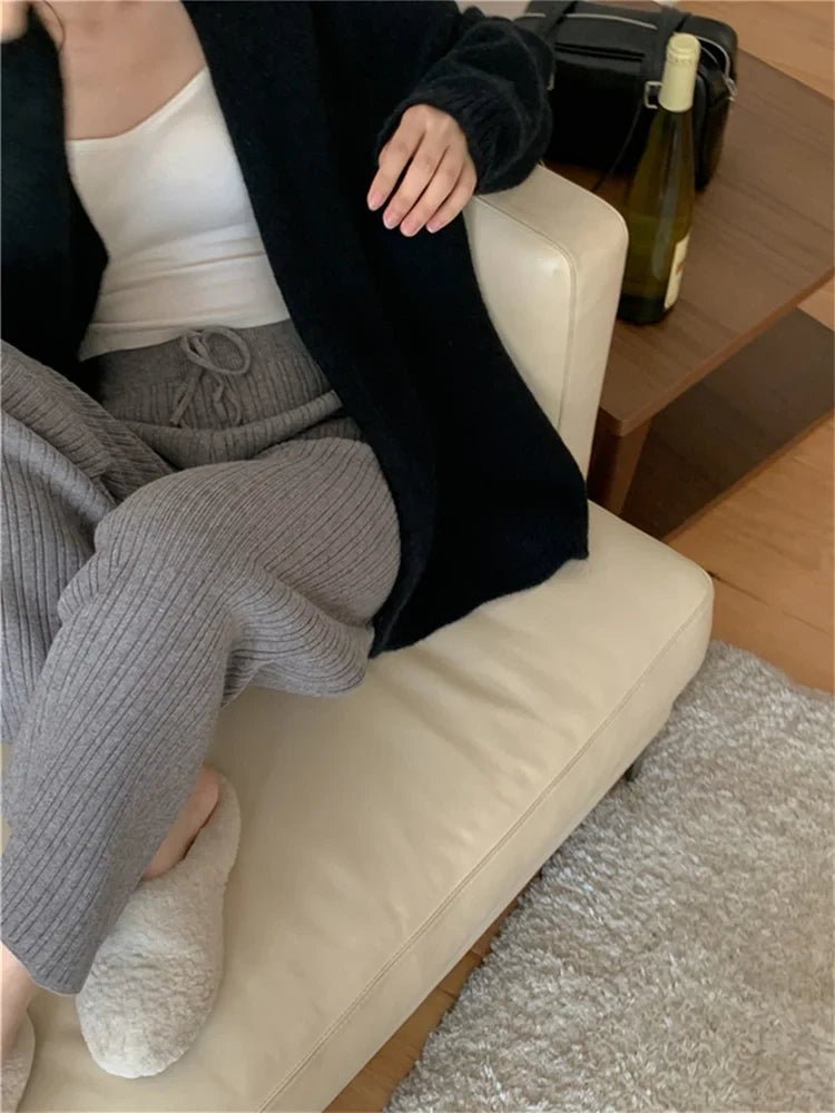 Drawstring Ribbed Knitted Wide Leg Sweatpants