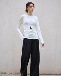 Crew Neck Long-Sleeved Irregular Slit T-Shirt