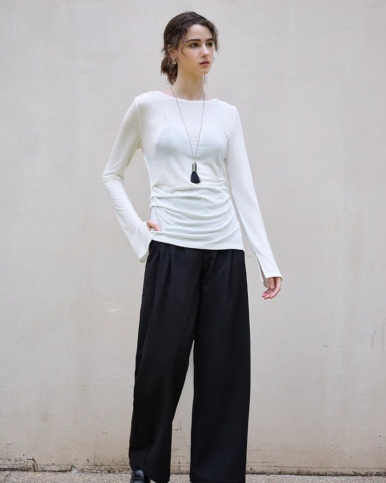 Crew Neck Long-Sleeved Irregular Slit T-Shirt