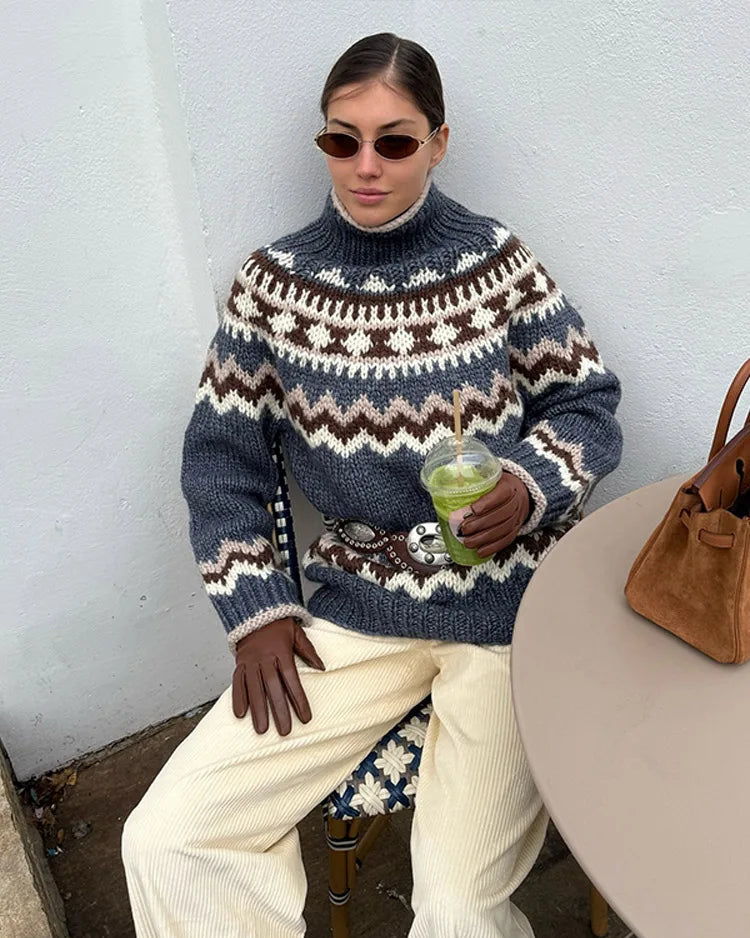 Patchwork Turtleneck Loose Knit Pullover