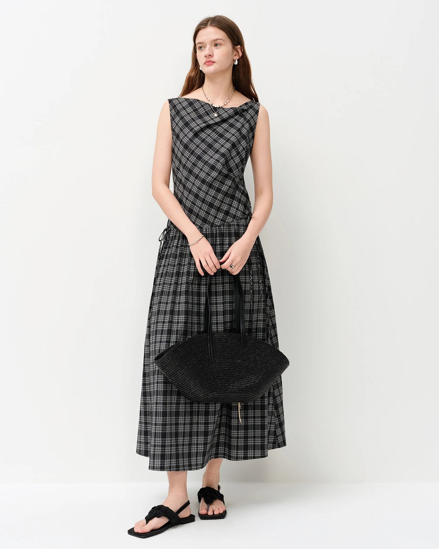 Asymmetric Neckline Woven Cotton Midi Dress