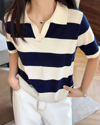 Striped Knit Polo Collar Tee