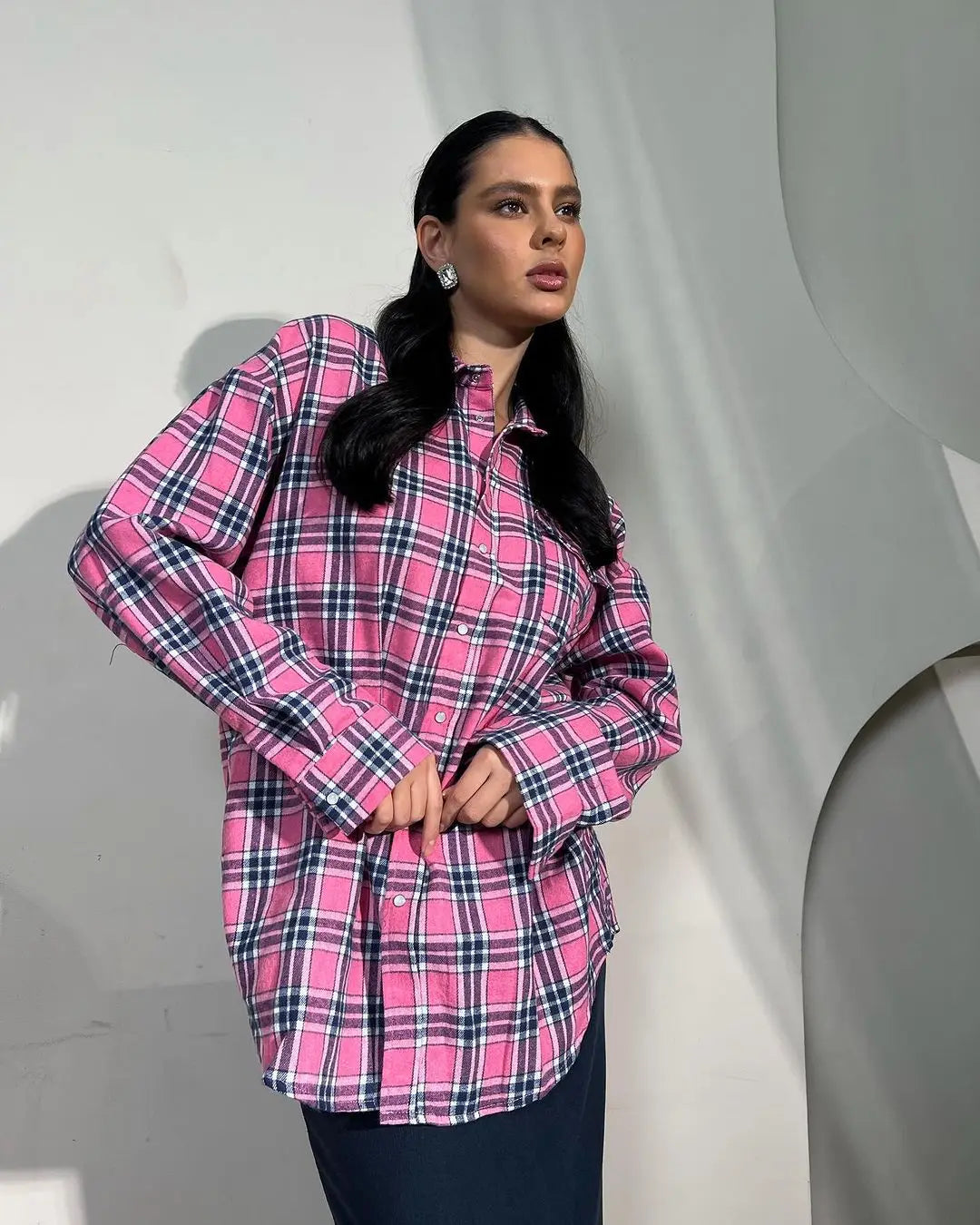 Vintage Plaid Oversized Long-Sleeve Shirt
