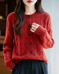 Wool O-Neck Twisted Single-Breasted Cardigan Sweater
