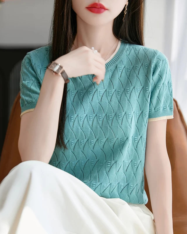 Cotton Jacquard Colorblock Knit Tee
