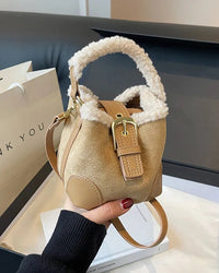 Faux Suede Plush Bucket Shoulder Bag