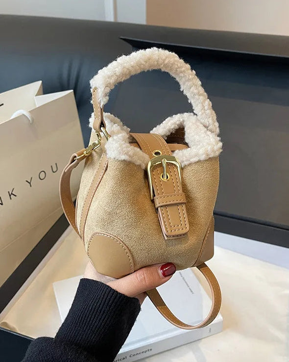 Faux Suede Plush Bucket Shoulder Bag