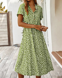 Polka Dot Short Sleeve Drawstring High-Waist Dress