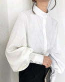 Women's off- polyester spandex stand collar shirt with dramatic lantern sleeves. Vintage office elegance for all seasons. Slight stretch.