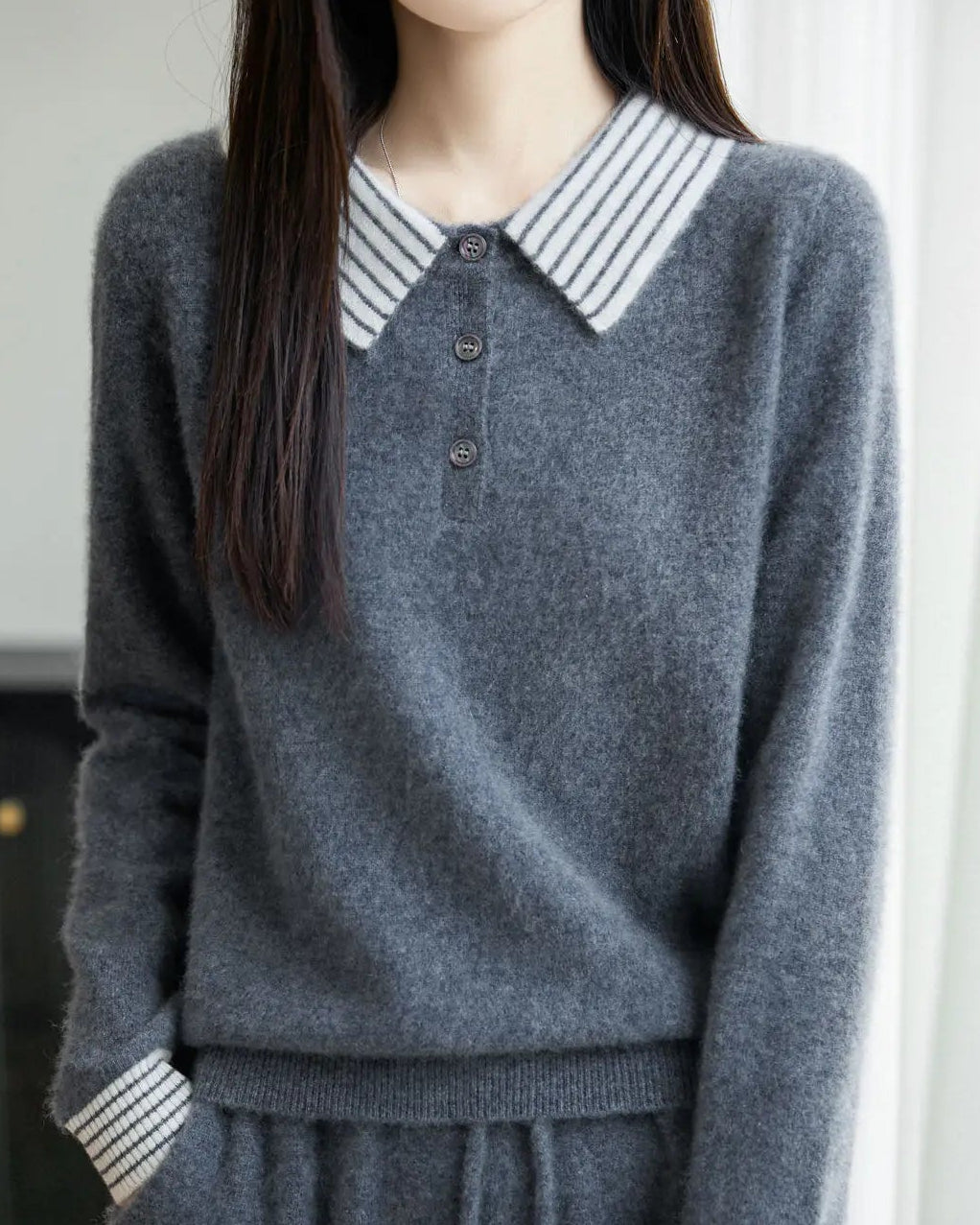Striped-Collar Wool Polo Sweater