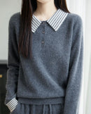Striped-Collar Wool Polo Sweater