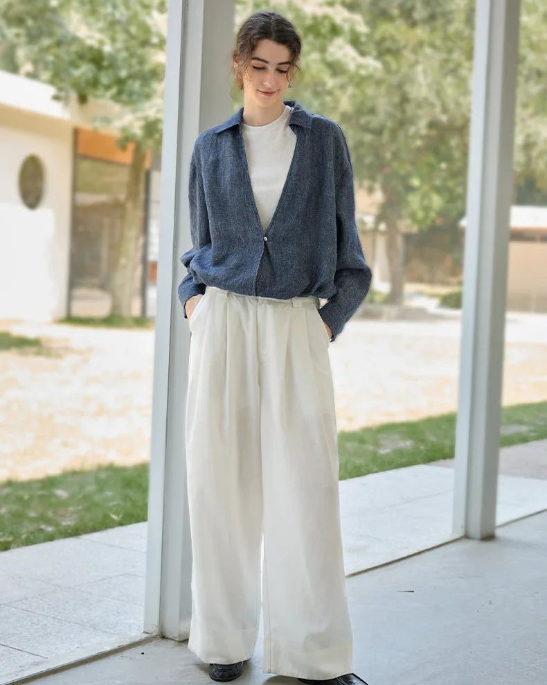 Linen Deep V-Neck Shirt Paired With A White Vest