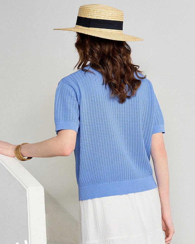 Hollow Floral Knit V-Neck Short-Sleeve Top