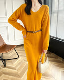Wool V-Neck Long Sweater Dress