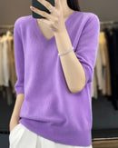 Merino Wool V-Neck Short-Sleeve Sweater