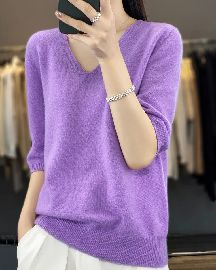 Merino Wool V-Neck Short-Sleeve Sweater