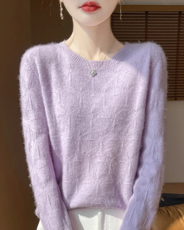 Wool O-Neck Hollow-Out Pullover Sweater