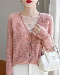 Wool V-Neck Curled Twisted Hollow-Out Open Cardigan