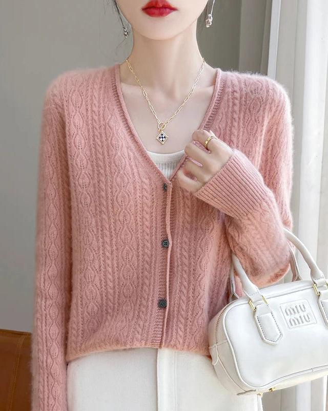Wool V-Neck Curled Twisted Hollow-Out Open Cardigan
