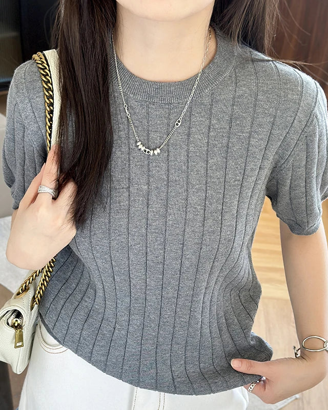 Ribbed Cotton Knit Short Sleeve Tee