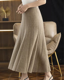 Merino Wool Solid Pleated Ankle-Length Knit Skirt