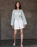 Ramie Crew Neck Long Sleeve Drawstring T-Shirt