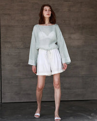 Ramie Crew Neck Long Sleeve Drawstring T-Shirt