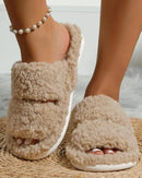 A pair of open-toe winter slippers featuring a soft plush upper and a cushioned sole, designed to provide breathable warmth and indoor comfort for daily relaxation.