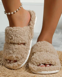 A pair of open-toe winter slippers featuring a soft plush upper and a cushioned sole, designed to provide breathable warmth and indoor comfort for daily relaxation.