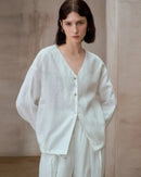 Loose V-Neck Button-Down Long-Sleeved Shirt