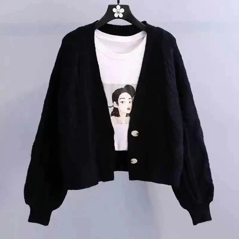 Lantern Sleeve Geometric Knitted Short Cardigan